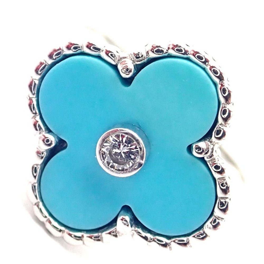 Authentic! Van Cleef & Arpels Alhambra 18k Gold Diamond Turquoise Ring Paper